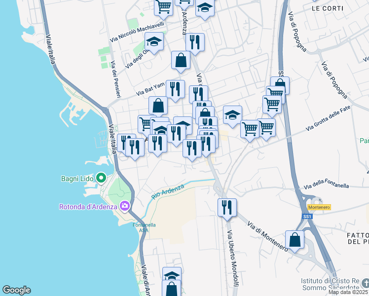 map of restaurants, bars, coffee shops, grocery stores, and more near 26 Via San Simone in Livorno