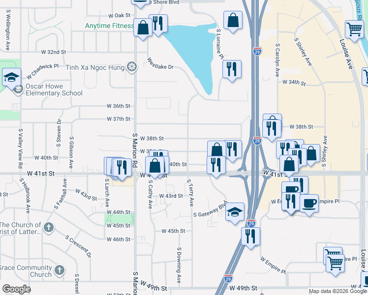 map of restaurants, bars, coffee shops, grocery stores, and more near 3100-3104 South Terry Avenue in Sioux Falls