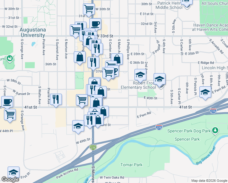 map of restaurants, bars, coffee shops, grocery stores, and more near 229 West 39th Street in Sioux Falls
