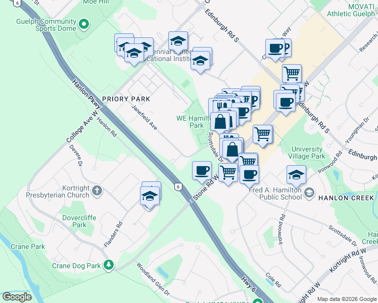 map of restaurants, bars, coffee shops, grocery stores, and more near 458 Janefield Avenue in Guelph