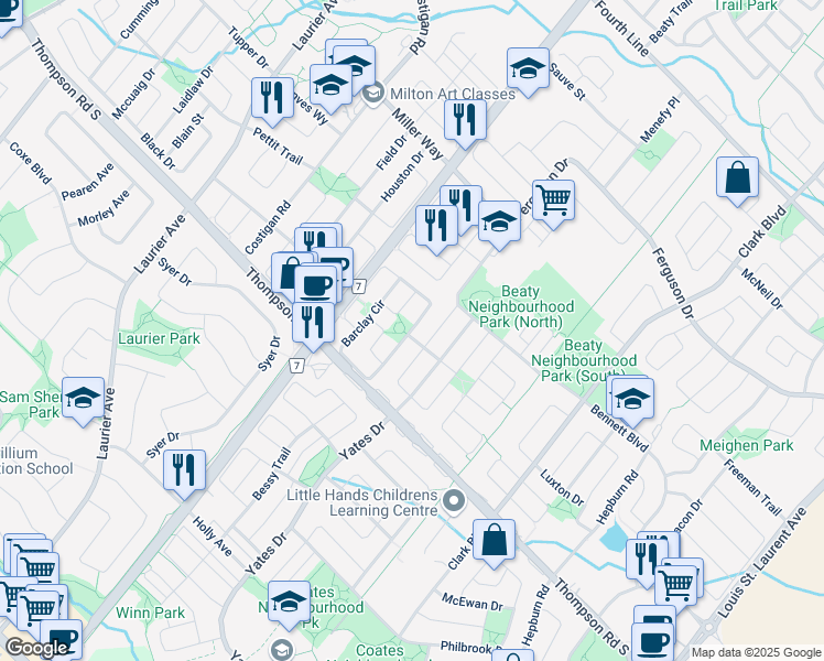 map of restaurants, bars, coffee shops, grocery stores, and more near 1048 Barclay Circle in Milton