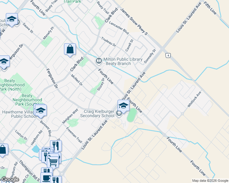 map of restaurants, bars, coffee shops, grocery stores, and more near 1509 Marshall Crescent in Milton