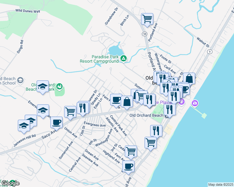 map of restaurants, bars, coffee shops, grocery stores, and more near 4 Ivy Avenue in Old Orchard Beach