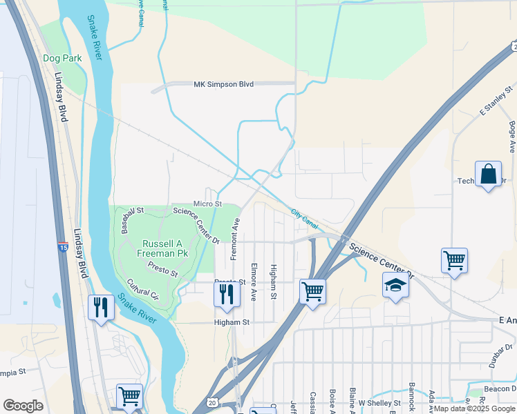 map of restaurants, bars, coffee shops, grocery stores, and more near 1582 Elmore Avenue in Idaho Falls