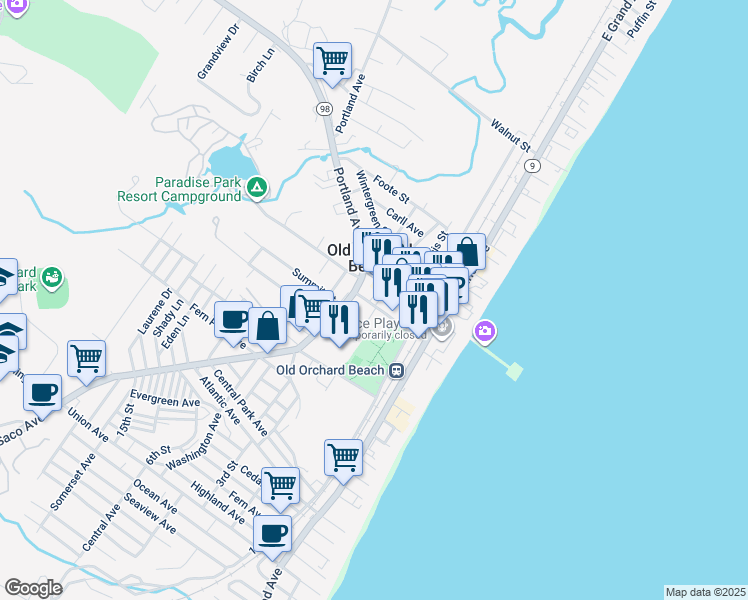map of restaurants, bars, coffee shops, grocery stores, and more near 34 Staples Street in Old Orchard Beach