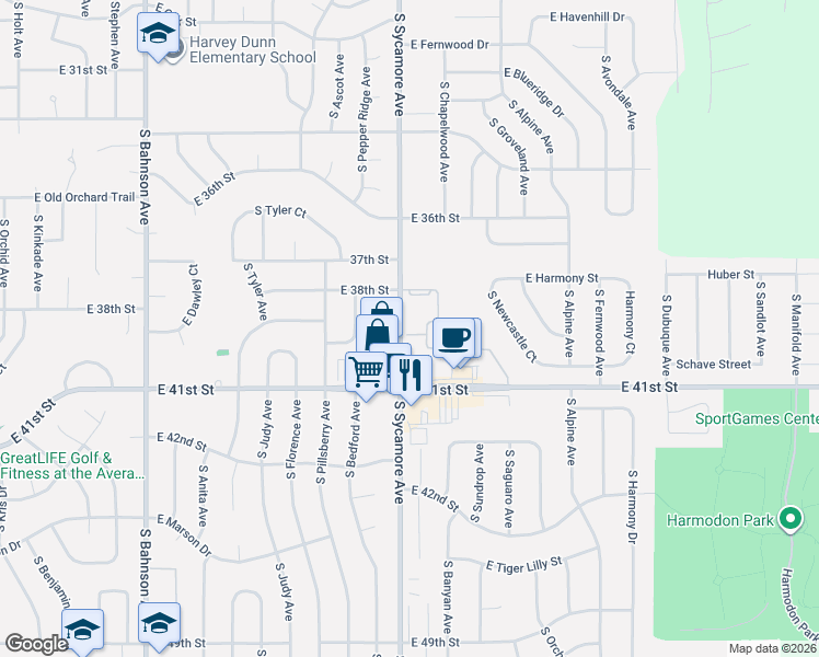 map of restaurants, bars, coffee shops, grocery stores, and more near 3100-3246 South Sycamore Avenue in Sioux Falls