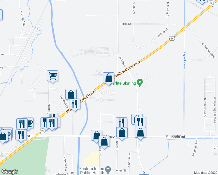 map of restaurants, bars, coffee shops, grocery stores, and more near 2300 North Yellowstone Highway in Idaho Falls