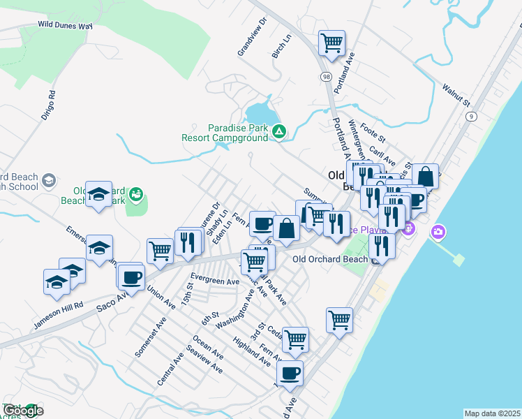 map of restaurants, bars, coffee shops, grocery stores, and more near 4 Ivy Avenue in Old Orchard Beach
