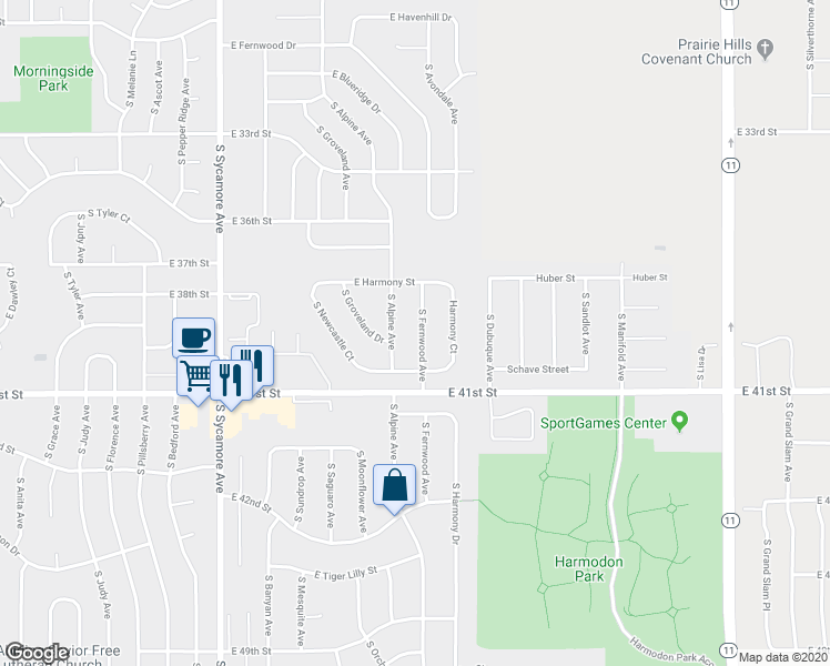 map of restaurants, bars, coffee shops, grocery stores, and more near 3125 South Fernwood Avenue in Sioux Falls