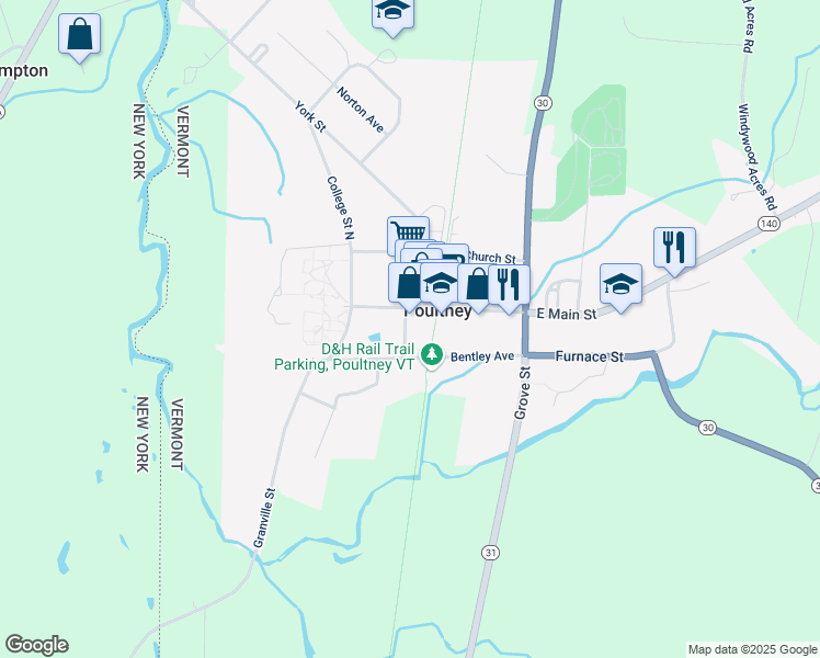 map of restaurants, bars, coffee shops, grocery stores, and more near 49 Maple Street in Poultney