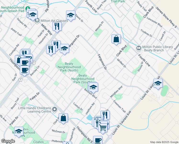 map of restaurants, bars, coffee shops, grocery stores, and more near 1273 Clark Boulevard in Milton
