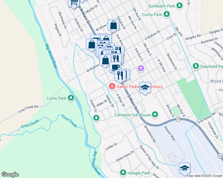map of restaurants, bars, coffee shops, grocery stores, and more near 307 South River Street in Hailey