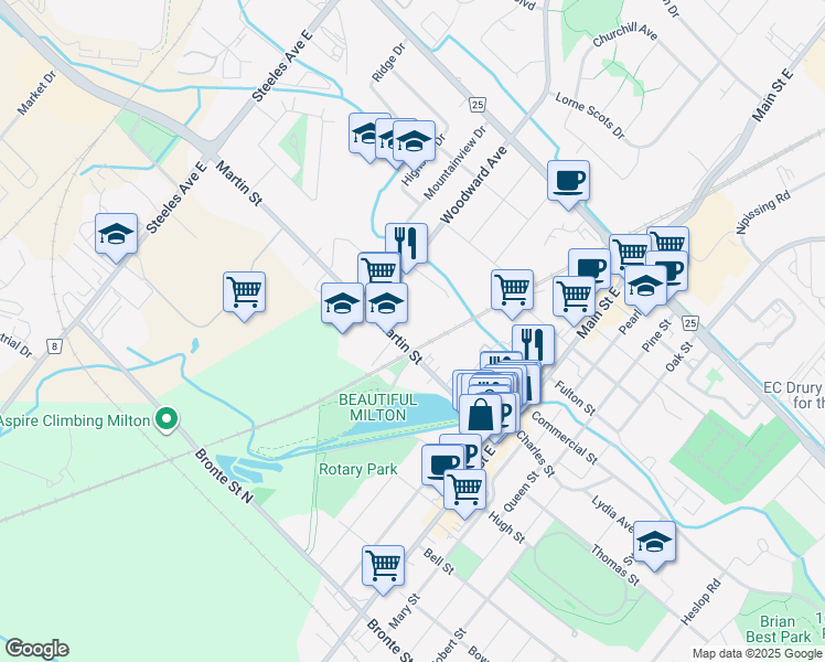 map of restaurants, bars, coffee shops, grocery stores, and more near 137 Martin Street in Milton