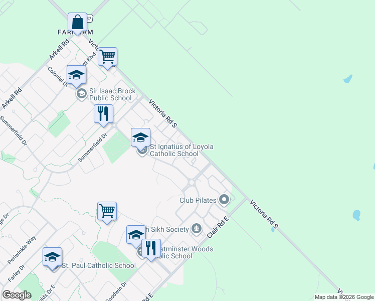 map of restaurants, bars, coffee shops, grocery stores, and more near 43 Waterford Drive in Guelph