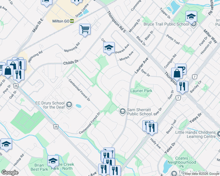 map of restaurants, bars, coffee shops, grocery stores, and more near 761 Coulson Avenue in Milton