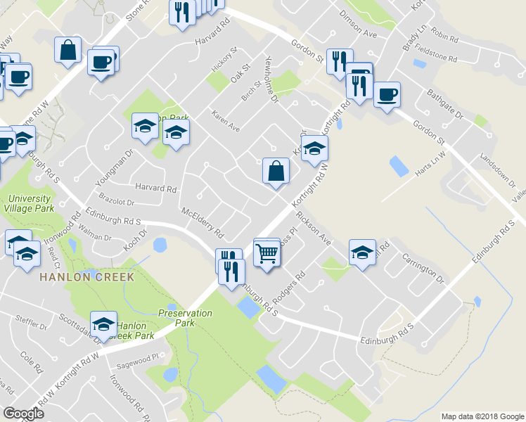 map of restaurants, bars, coffee shops, grocery stores, and more near 47 Keats Crescent in Guelph