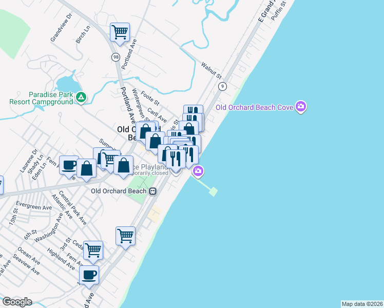map of restaurants, bars, coffee shops, grocery stores, and more near 2 Kinney Avenue in Old Orchard Beach