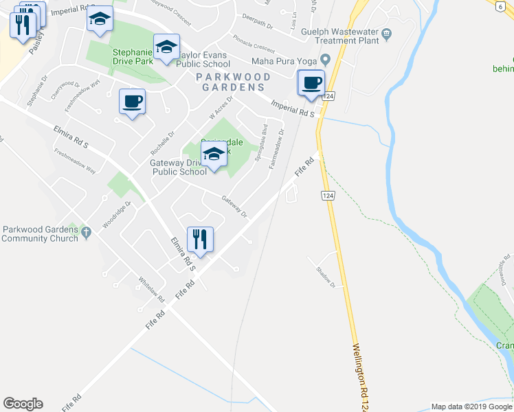 map of restaurants, bars, coffee shops, grocery stores, and more near 105 Fife Road in Guelph