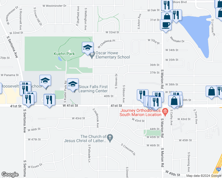 map of restaurants, bars, coffee shops, grocery stores, and more near 3200 South Greenwood Avenue in Sioux Falls
