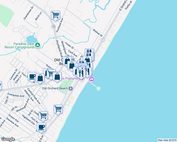 map of restaurants, bars, coffee shops, grocery stores, and more near 5 Kinney Avenue in Old Orchard Beach