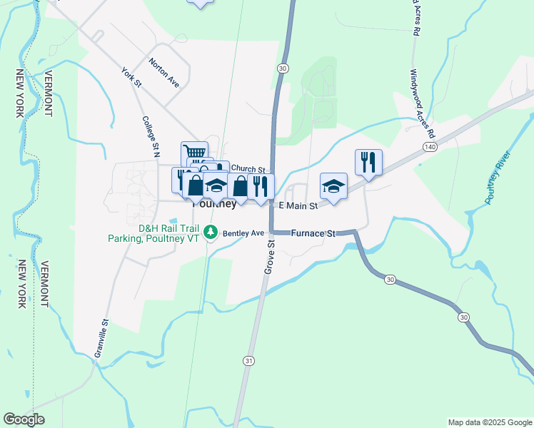 map of restaurants, bars, coffee shops, grocery stores, and more near 24 Grove Street in Poultney