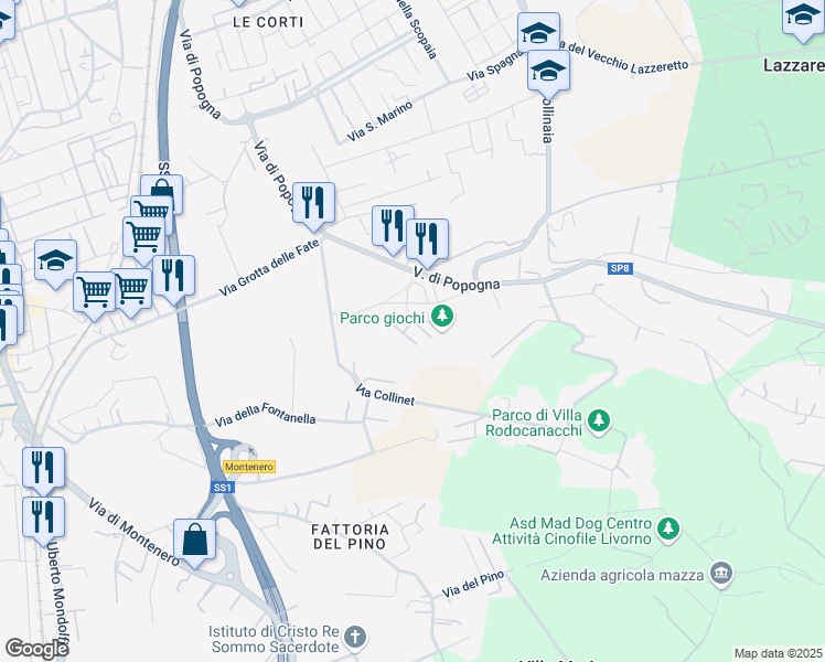 map of restaurants, bars, coffee shops, grocery stores, and more near 14 Via A. Guelfi in Livorno