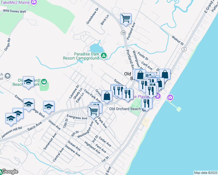 map of restaurants, bars, coffee shops, grocery stores, and more near 33 School Street in Old Orchard Beach