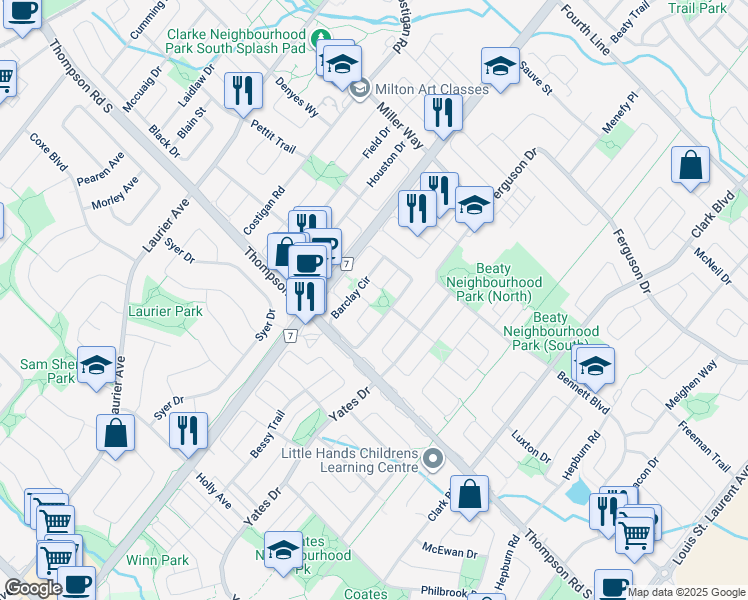 map of restaurants, bars, coffee shops, grocery stores, and more near 633 Porter Way in Milton