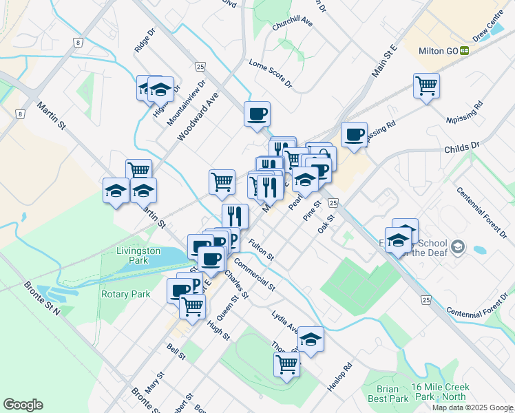 map of restaurants, bars, coffee shops, grocery stores, and more near 368 Main Street East in Milton