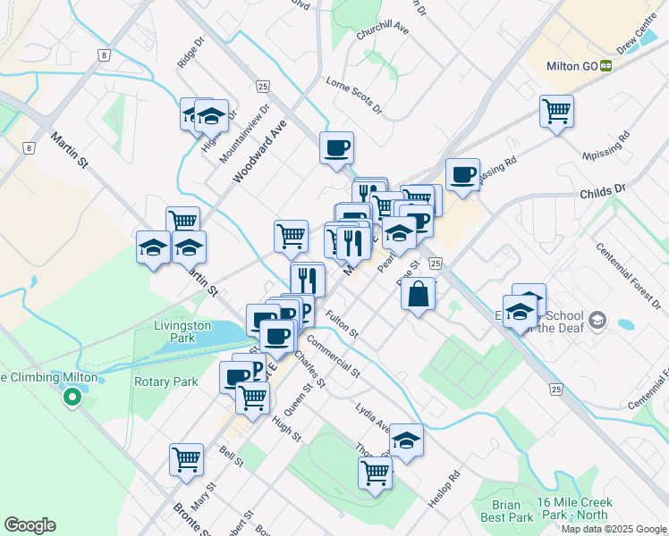 map of restaurants, bars, coffee shops, grocery stores, and more near 368 Main Street East in Milton