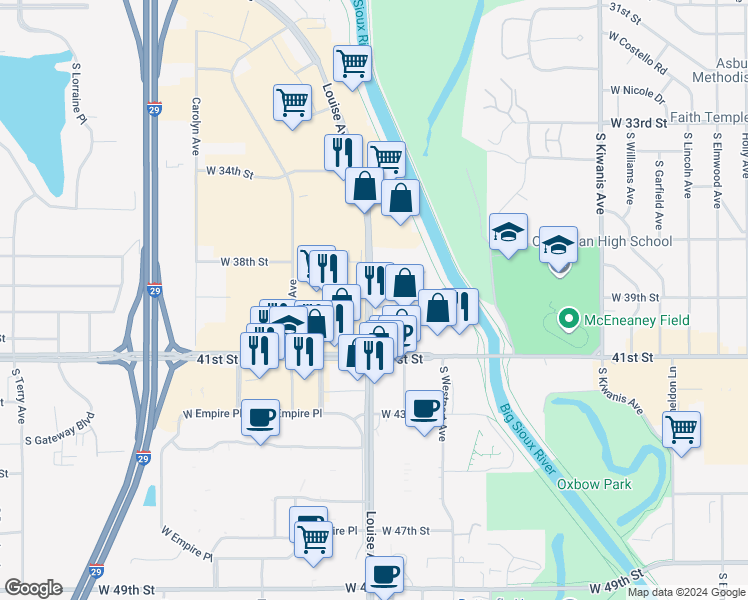 map of restaurants, bars, coffee shops, grocery stores, and more near 3100 South Louise Avenue in Sioux Falls