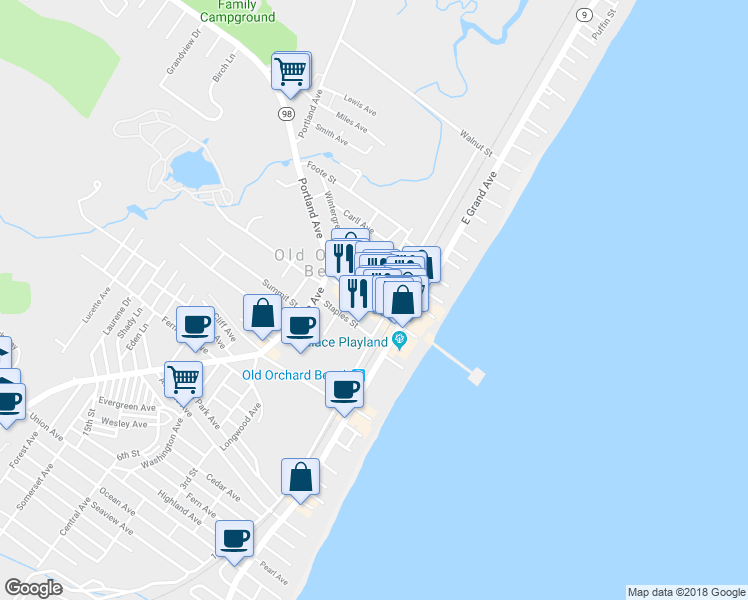 map of restaurants, bars, coffee shops, grocery stores, and more near 24b Maine 5 in Old Orchard Beach