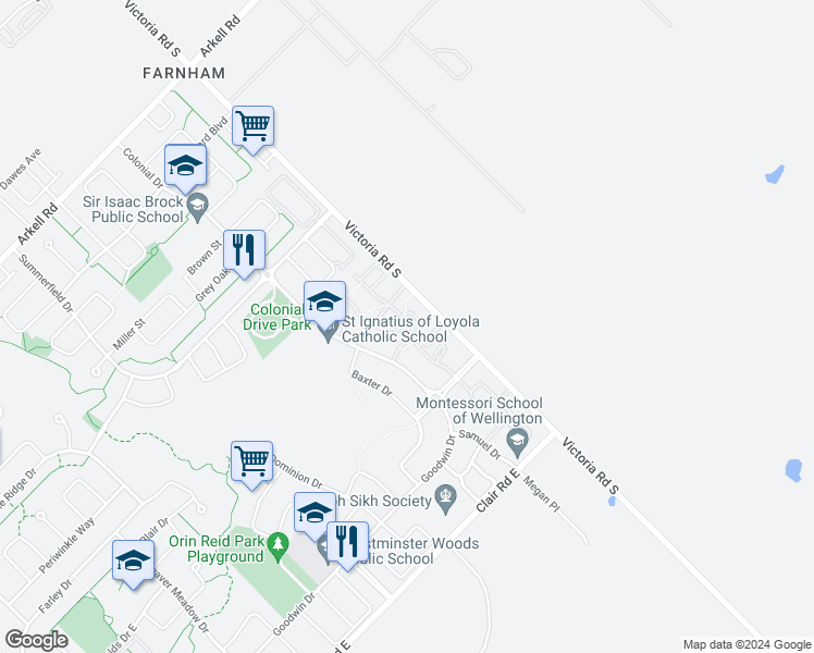 map of restaurants, bars, coffee shops, grocery stores, and more near Waterford Drive in Guelph