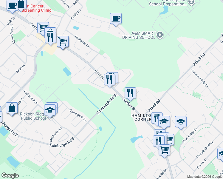 map of restaurants, bars, coffee shops, grocery stores, and more near 1219 Gordon Street in Guelph