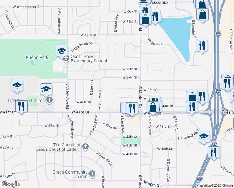 map of restaurants, bars, coffee shops, grocery stores, and more near 5301-5599 W 39th St in Sioux Falls