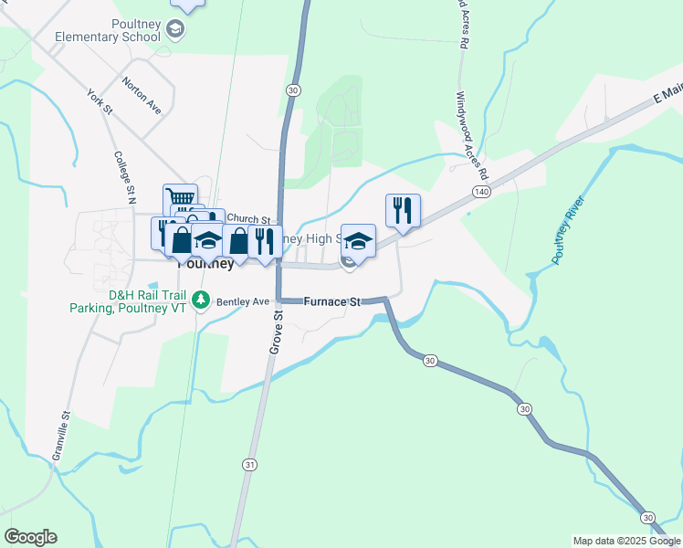 map of restaurants, bars, coffee shops, grocery stores, and more near 154 East Main Street in Poultney