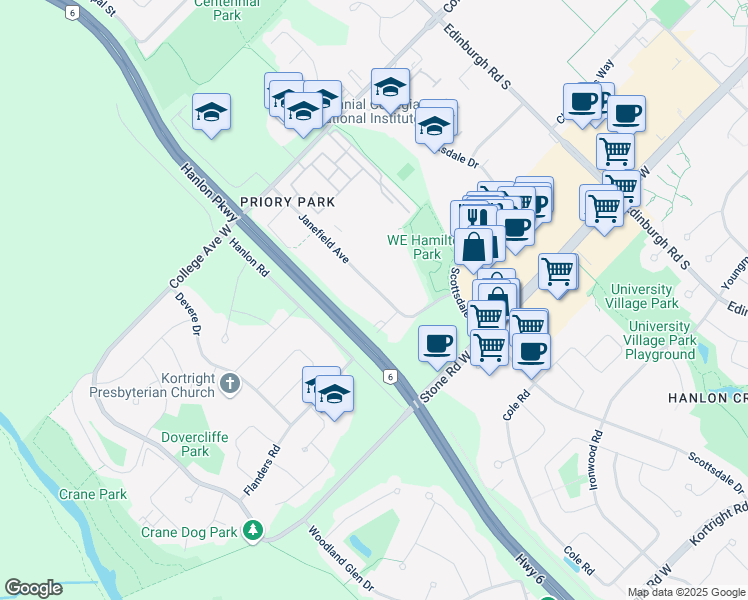 map of restaurants, bars, coffee shops, grocery stores, and more near in Guelph