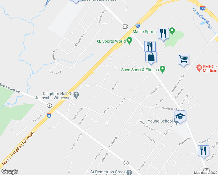 map of restaurants, bars, coffee shops, grocery stores, and more near 61 Shadagee Road in Saco