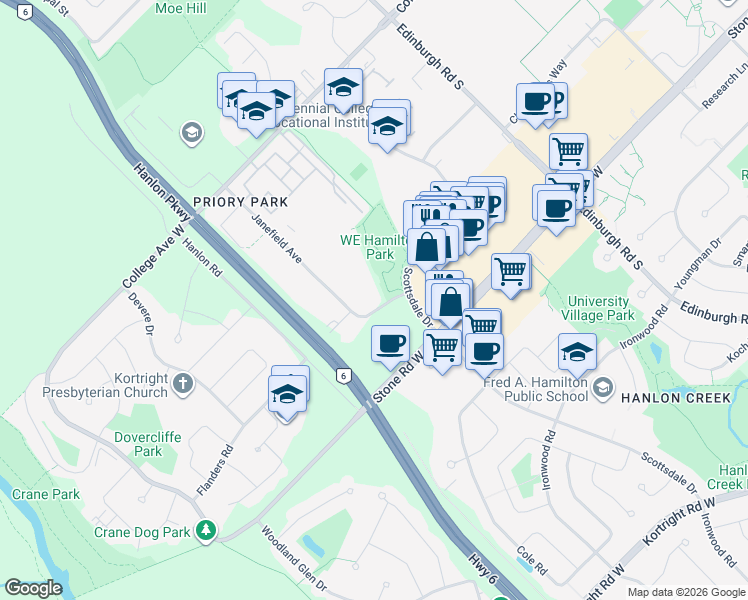map of restaurants, bars, coffee shops, grocery stores, and more near 460 Janefield Avenue in Guelph