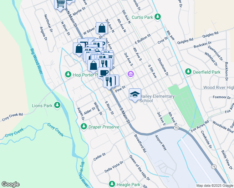 map of restaurants, bars, coffee shops, grocery stores, and more near 413 South 1st Avenue in Hailey