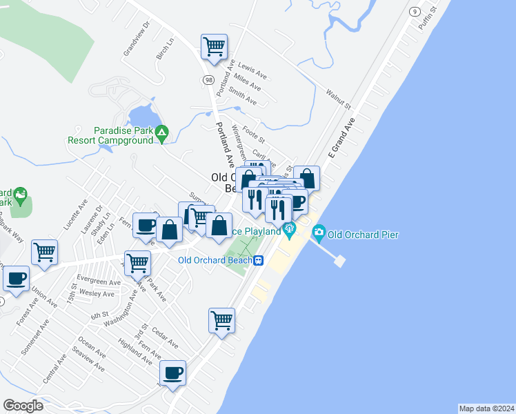 map of restaurants, bars, coffee shops, grocery stores, and more near 24b Maine 5 in Old Orchard Beach