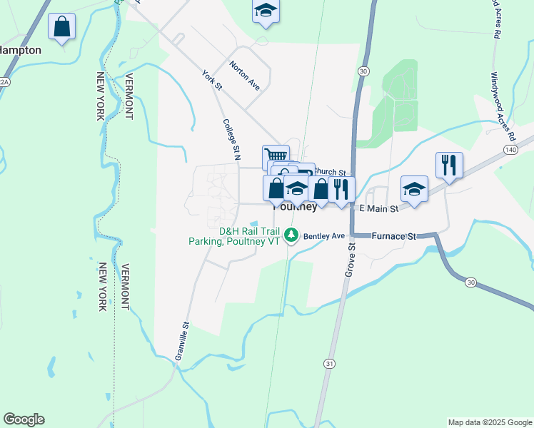 map of restaurants, bars, coffee shops, grocery stores, and more near 49 Maple Street in Poultney