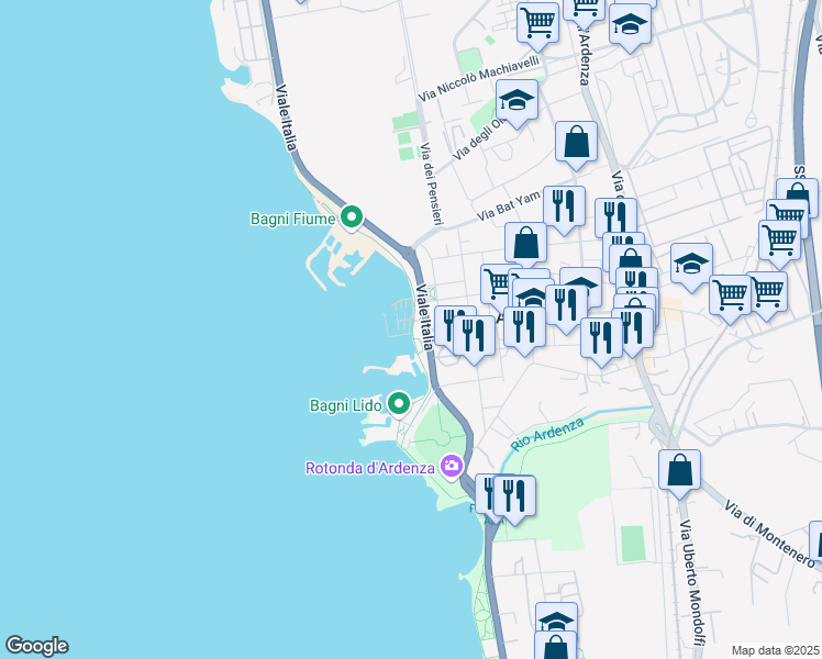 map of restaurants, bars, coffee shops, grocery stores, and more near 104 Viale Italia in Livorno