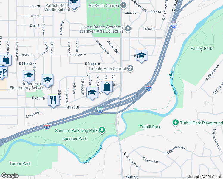 map of restaurants, bars, coffee shops, grocery stores, and more near 1105 East Pam Road in Sioux Falls