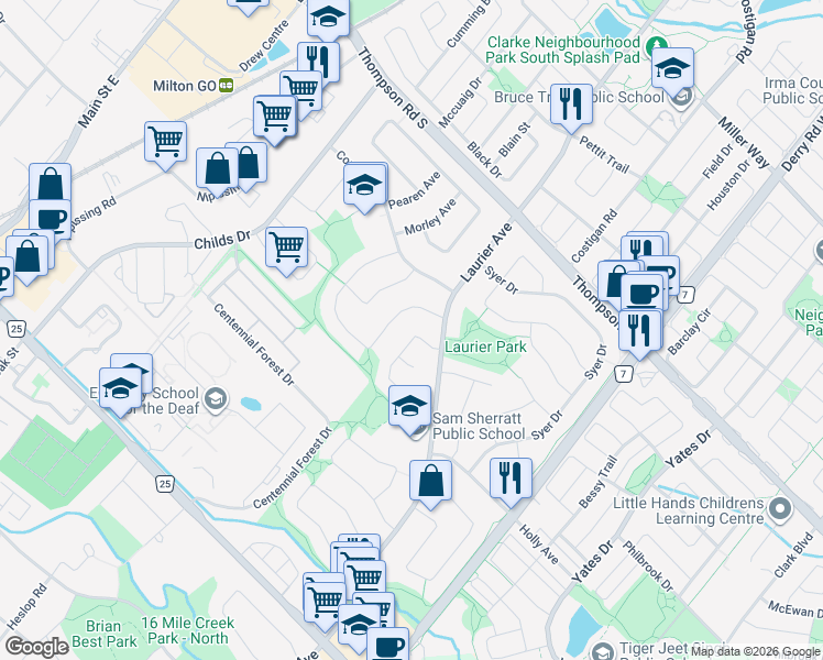 map of restaurants, bars, coffee shops, grocery stores, and more near 571 Hayward Crescent in Milton