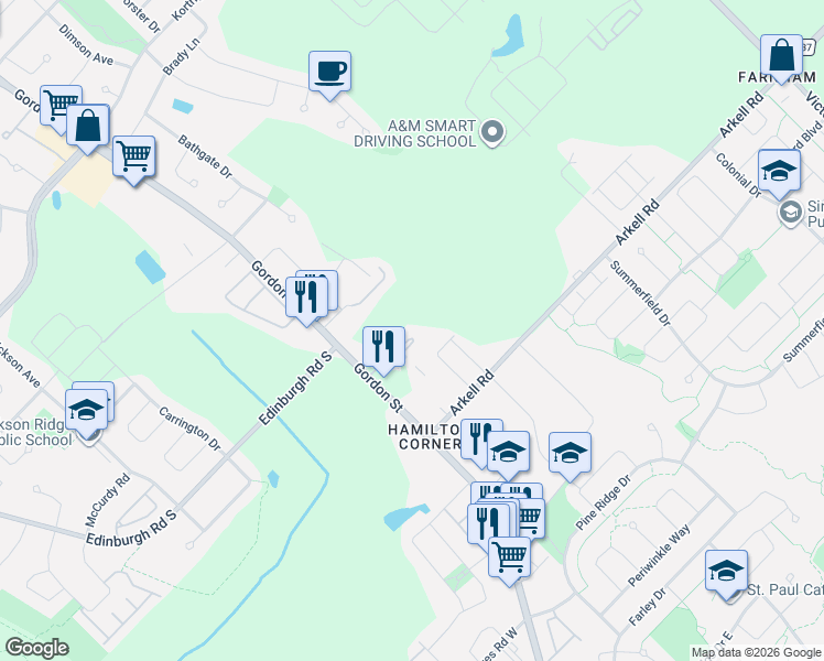 map of restaurants, bars, coffee shops, grocery stores, and more near 1284 Gordon Street in Guelph