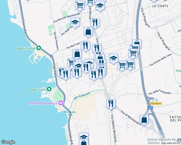 map of restaurants, bars, coffee shops, grocery stores, and more near 9 Via San Simone in Livorno