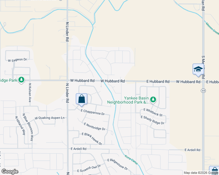 map of restaurants, bars, coffee shops, grocery stores, and more near 1105 West Hubbard Road in Meridian