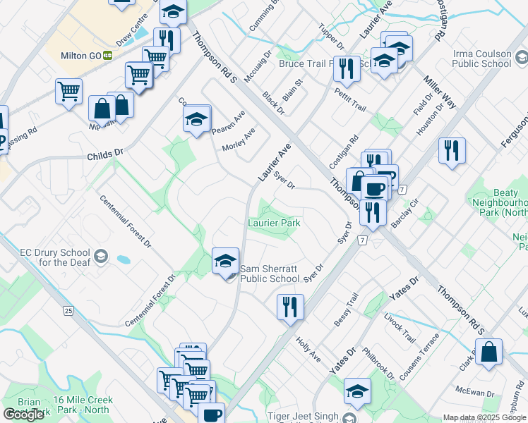 map of restaurants, bars, coffee shops, grocery stores, and more near in Milton