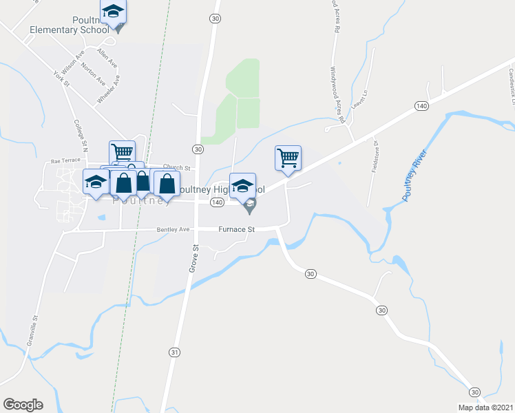 map of restaurants, bars, coffee shops, grocery stores, and more near 154 East Main Street in Poultney